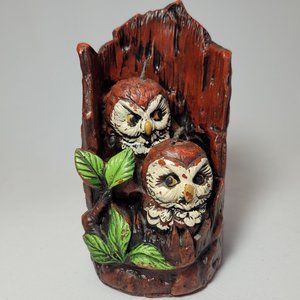1970s Vintage Wax Owl Candle Two Woodland Owls in a Tree Boho 5.5" Tall